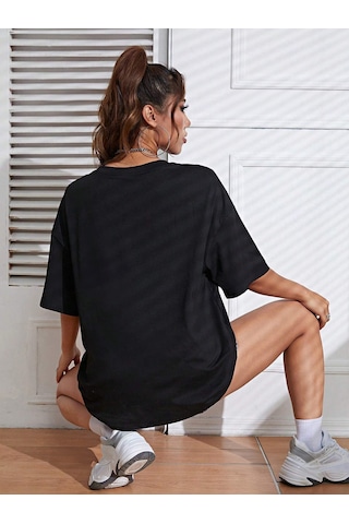 Çiçekli Desenler T-shirt - Siyah Baskılı Oversize Bisiklet Yaka Kısa Kol Tişört Siyah