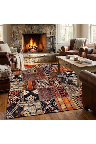 Turuncu Kahve Çok Renkli Salon Halısı Etnik Patchwork Dijital Baskılı Kaymaz Tabanlı Halı Dijital