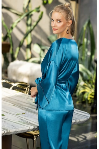 Kadın Turkuaz Saten Kuşaklı Pijama Takımı Kimono Kol Detaylı Şık Ve Rahat 2 Li Set