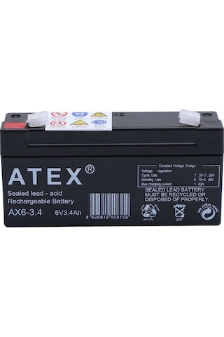 Atex Ax6-3.4 6 Volt - 3.4 Amper Yatık Akü 12.5x6x3cm