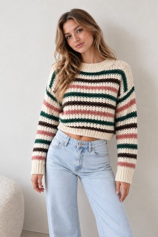Lima Çok Renkli Kadın Ekru Çizgili Crop Triko Kazak Bisiklet Yaka Oversize Uzun Kollu Örgü Kazak
