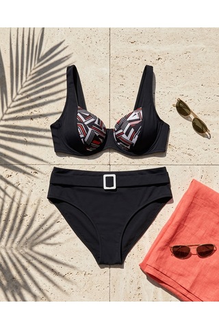 Büyük Beden Telli Geometrik Desenli Ayarlanabilir Üst Askılı Aksesuarlı Kadın Bikini Takım Siyah