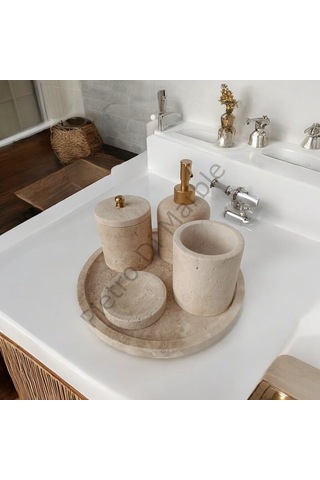 Sarı Traverten Klasik Model 5 Parça Mat Gold Renk Düğme Aksesuarlı Banyo Seti Sarı Traverten