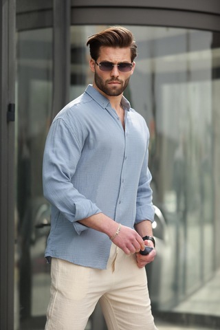 Madmext Mavi Basic %100 Pamuklu Uzun Kollu Erkek Gömlek E6761 Mavi