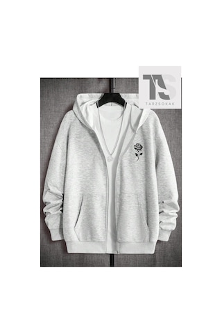 Tarzsokak Gül Sweatshirt Fermuarlı Hırka Gri