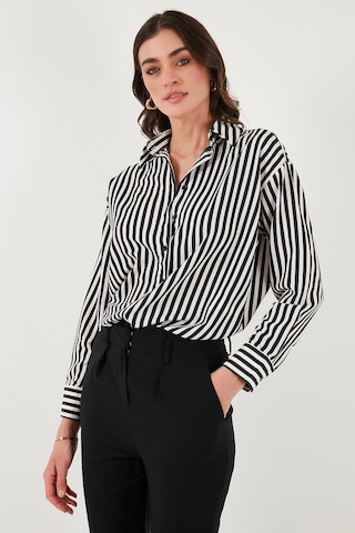 Lela Standart Fit Klasik Yaka Çizgili Bayan Gömlek 6772894 Siyah