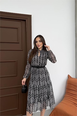 Neşeli Butik Kadın Gri Küçük Desenli Yaka Bağlama Detaylı Astarlı Şifon Günlük Elbise Nbelb05 Gri
