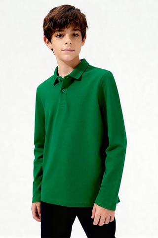 Yeşil Polo Yaka Basic Uzun Kollu Unisex Çocuk T-shirt - 11170 Yeşil