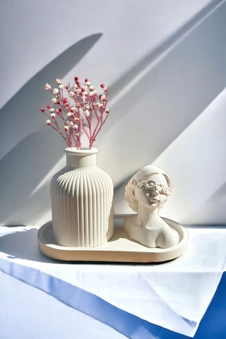 Dekoratif Kadın Figür Mini Kuru Çiçek Vazosu Set Beyaz