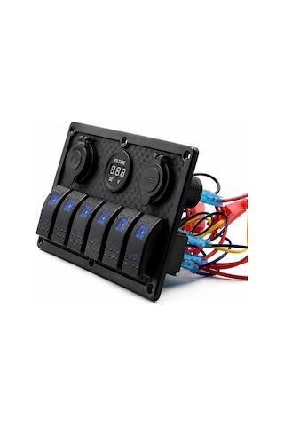 Labarka 6'lı Switch Panel USB + Çakmaklık + Voltmetre Mavi LED'li