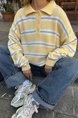 Sarı Polo Yaka Çizgili Kadın Triko Kazak Mg2469 Sarı