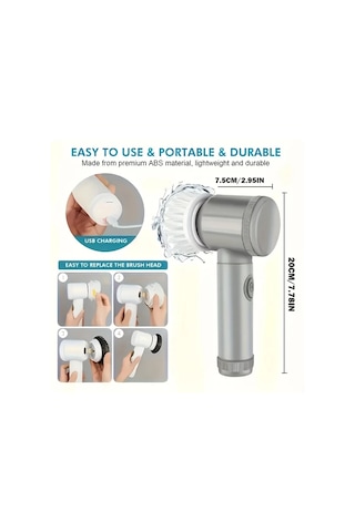 Fochsia Wireless Elektrikli Döner Temizleyici Grey Usb Şarjlı Değiştirilebilir Fırça Başlıkları 6 Farklı Fırça Banyo Mutfak Araba Cam