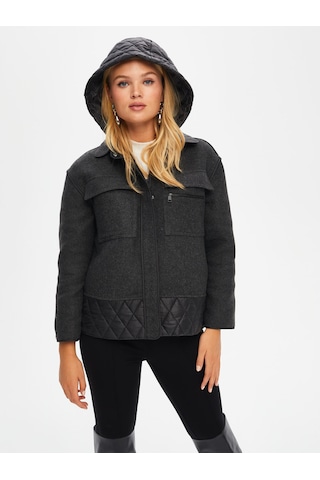 Kapitone Kapüşon Garnili Astarsız Kısa Kaban 69424 U6942413 Antrasit
