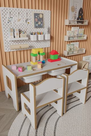 Kity Montessori Çocuk Masa Sandalye Seti Oyun, Boyama Ve Çalışma Masası 2 Sandalyeli