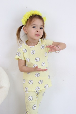 Kız Çocuk Çiçek Baskılı Raporlu Kumaş Basic Alt Üst İkili Takım 001