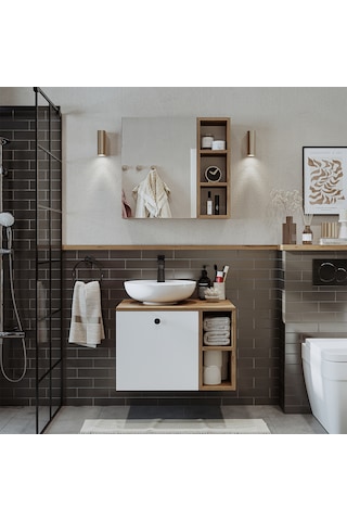 Lotus Lavabolu Mdf 65 Cm Banyo Dolabı + Aynalı Dolap Atlantik Çam - Beyaz