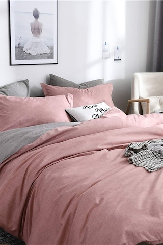 Alla Turca Tek Kişilik Ranforce Çift Taraflı Nevresim Seti - Çarşafsız Pudra/gri