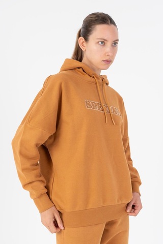 Maraton Oversize Kadın Kapüşonlu Karamel Sweatshirt Karamel