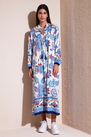 Lela Modest Desenli Regular Fit Bağlamalı V Yaka Maxi Bayan Elbise 611El510 Lacivert