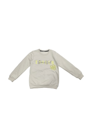İrem Çocuk Giyim Kız Çocuk Enough Önü Yazı Desenli Sırtı Çiçek Desenli Şardonlu Bej Renk Sweatshirt Bej