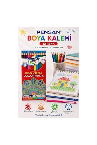 12 Li Kuru Boya Kalemi Karton Kutu 1 Paket Pensan 12 Renk Kuruboya Tam Boy Canlı Renkli Boya Kalem Okul Öğrenci Çok Renkli