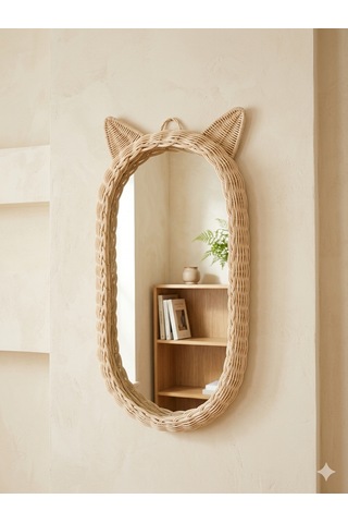 Rattan Bambu Çocuk Odası Kedi Kulaklı Boy Aynası 30x60 Ekru