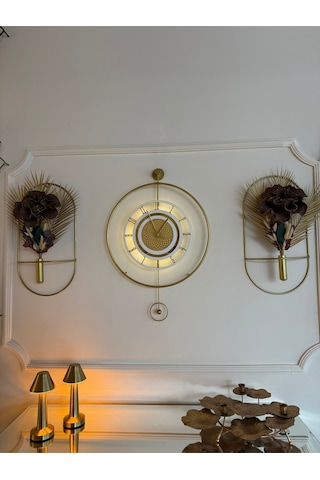 Metaquartz Aksesuar Premium Gold - Çark Pırlanta - Kırılmaz Camlı - Modern Dekoratif Metal Duvar Saati Gold