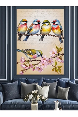 Ahşap Tablo Dalda Duran Renkli Kuşlar