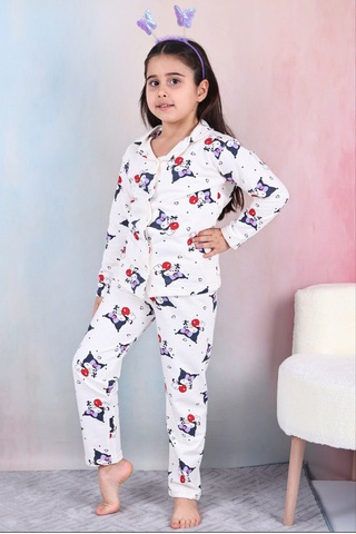 Free Beka Kız Çocuk Önden Düğmeli Kuromi Desenli Pijama Takımı %100 Pamuklu Pijama Takımı Beyaz