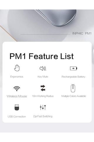 Kablosuz Fare İnce Mini Sessiz Şarj Edilebilir 2.4g Usb Alıcı 1600dpı Gümüş Diğer
