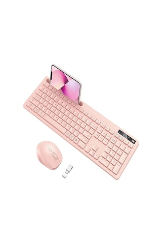 Vivefox Kablosuz Klavye Ve Mouse - Telefon Tutuculu Usb Type-c - Bebek Pembesi