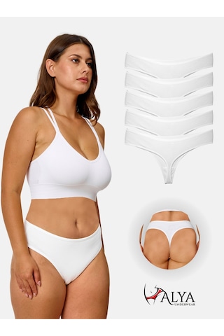 Alya Underwear Kadın Bato Tanga Pamuklu Külot, Büyük Beden String, 5'li Paket- 2 Siyah, 1 Beyaz, 2 Ten Beyaz P05