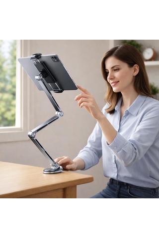 Coverzone Profesyonel Ayarlanabilir Tablet & Telefon Standı, 360 Döner Kantilever Braket, Premium Alüminyum, 4.7-12.9" Cihazlar İçin - Telefon Ve Tabletler İçin Masa Kelepçesi T01 Flat Sku: