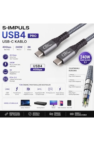 S-ımpuls Usb4 240w Pro Kablo 40gbps, 8k, Pd 3.1, Usb-c To Usb-c 1.5 Metre