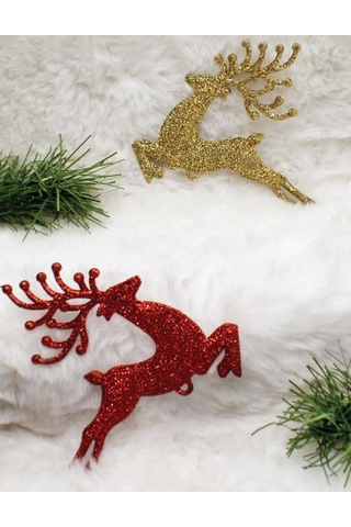 8 Cm 2'li Kırmızı Gold Simli Geyik Model Yılbaşı Ağaç Süsü Dekoratif Set