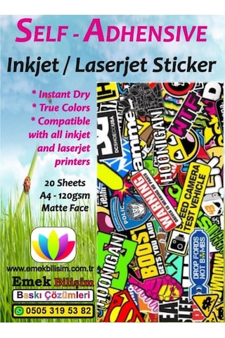 Inkjet Ve Laser Uyumlu Sticker Güçlü Yapışkanlı A4 Etiket Kağıdı Mat Yüzeyli 120gsm 20 Yaprak Diğer