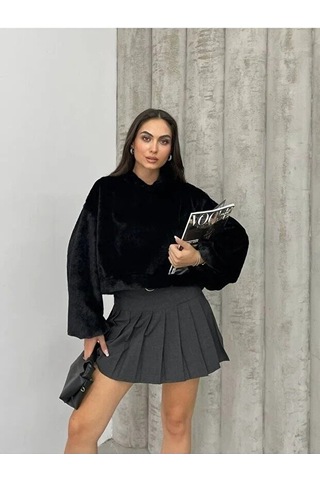 Kadın Crop Boy Yumuşacık Balon Uzun Kol Kapüşonlu Şık Kısa Sweatshirt Siyah