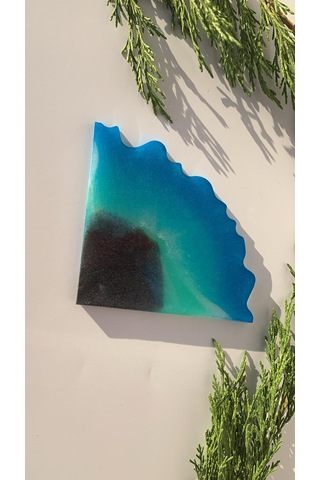 Deniz Mavi Yeşil Siyah Simli Üçgen Dalgalı Epoksi Bardak Altlığı Mavi - Yeşil