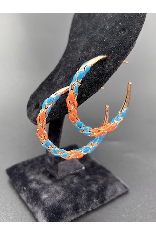 Çelik Yuvarlak Halka Mavi Turuncu Örgü Model Günlük Abiye Rose Gold Küpe
