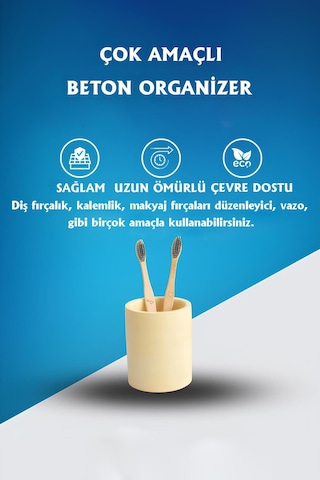 Beton Silindir Organizer Diş Fırçalık, Kalemlik, Makyaj Fırçalık Çok Amaçlı Düzenleyici Sarı