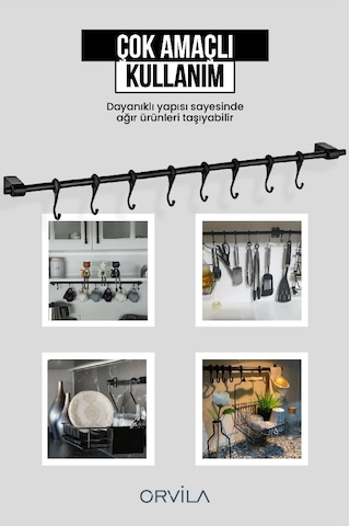 Siyah Metal Mutfak Ve Banyo Askısı Çok Amaçlı 8 Kancalı Askı Demiri Maxi 72 Cm