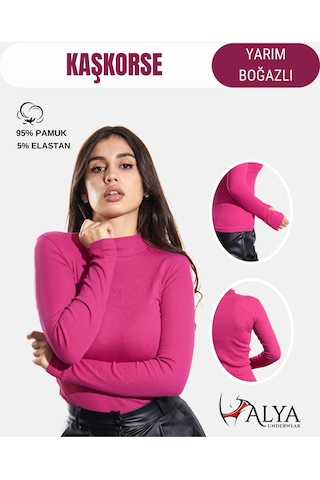Alya Underwear Kaşkorse Yarım Boğaz Body Sweatshirt, Fitilli Kumaş, Likralı, Bordo Fuşya Melanj