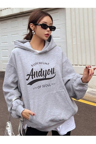 Superfine Andyou Sweatshirt - Gri Oversize Şardonlu Pamuk Kalın Kapüşonlu Gri