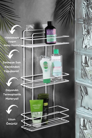 3 Katlı Beyaz Yapışkanlı Banyo Rafı, Şampuanlık Duş Düzenleyici, Paslanmaz Metal Banyo Duvar Askısı - TŞ-03