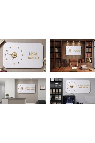 Odak Serisi: Modern Ve Kişiselleştirilebilir Ahşap Duvar Saati 80x50 Cm Beyaz Üzeri Gold Renk Altın - Beyaz