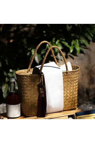 Suntek Kırsal Rattan Dokuma Çanta Şeker Torbaları Park Açık Kahverengi
