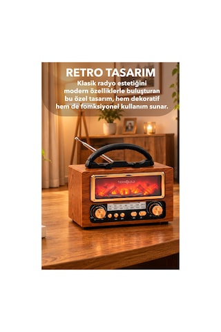 Nostaljik Radyo Şömine Görünümlü Müzik Kutusu Retro Ahşap -bluetooth Hoparlör Speaker & Usb Destekli Ns-901bt