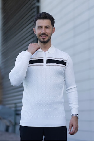 Hk Premium Kazak Polo Yaka Fermuarlı Şerit Detaylı Triko Beyaz