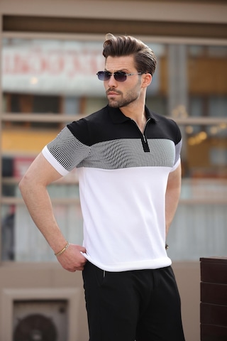 Madmext Beyaz Renk Bloklu Polo Yaka Triko Erkek T-shirt E7409 Beyaz