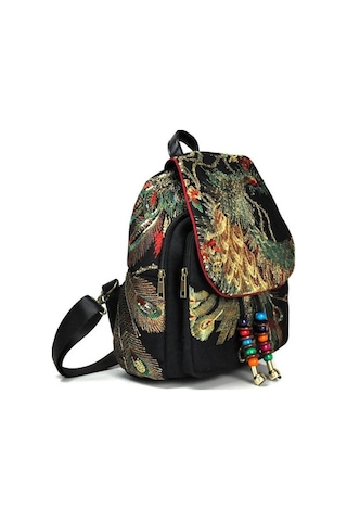 Luckydog Moda Mavi Sırt Çantası Kadın Nakış Tavuskuşu Büyük Kapasiteli Seyahat Çantası Mavi